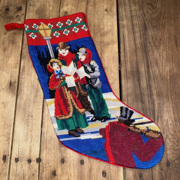 Vintage Needlepoint Hand Made Christmas Stocking CAROLERS
